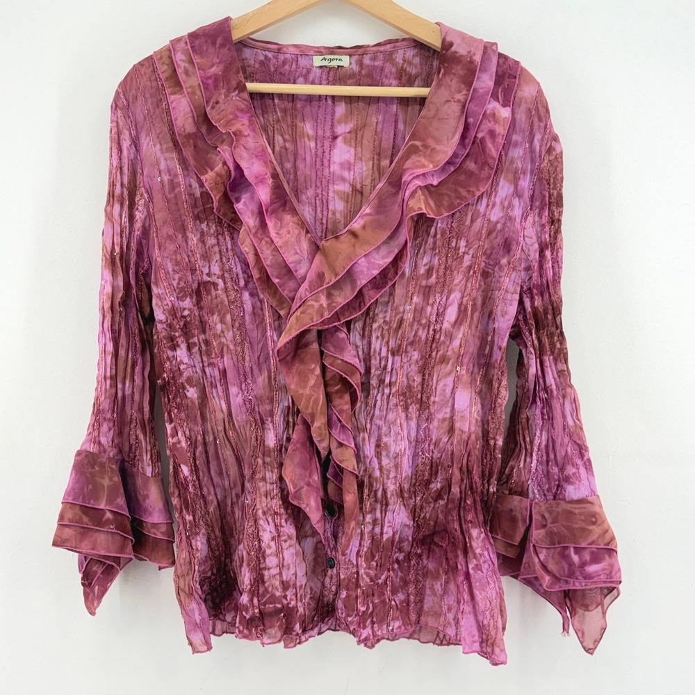 Agora Y2K Pink Ruffle Neck Crinkle Blouse Bell Sleeve Top L Whimsigoth Romantic